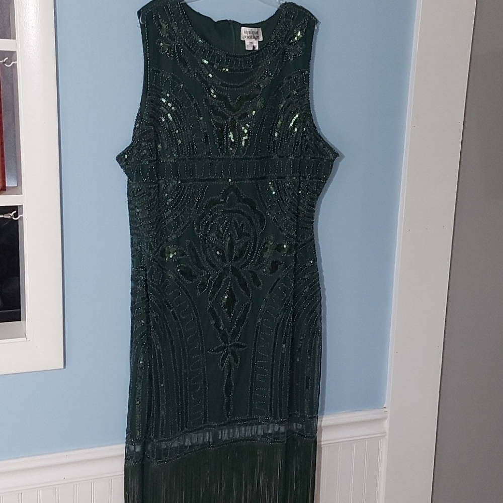 Unique Vintage Plus 3X Green Sequin Flapper Dress